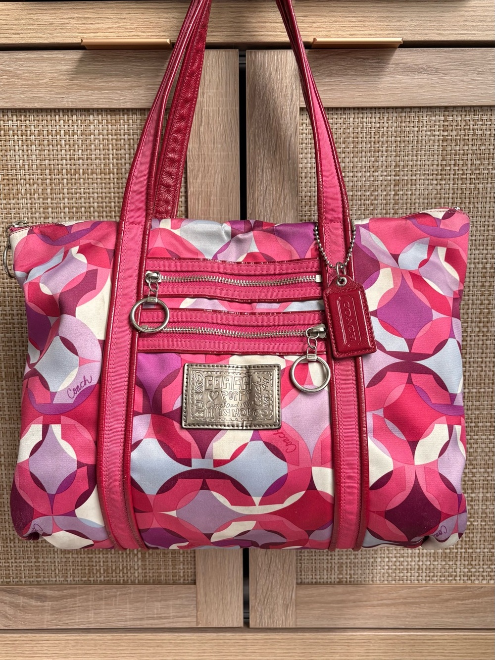 COACH Poppy Op Art Kaleidoscope Pink Purple Glam Tote Shoulder Bag Handbag 14747